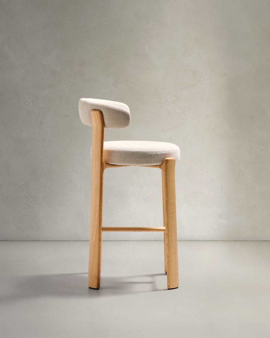 Granite stool made of beige chenille and solid ash wood with natural tone finish FSC 100% 75cm