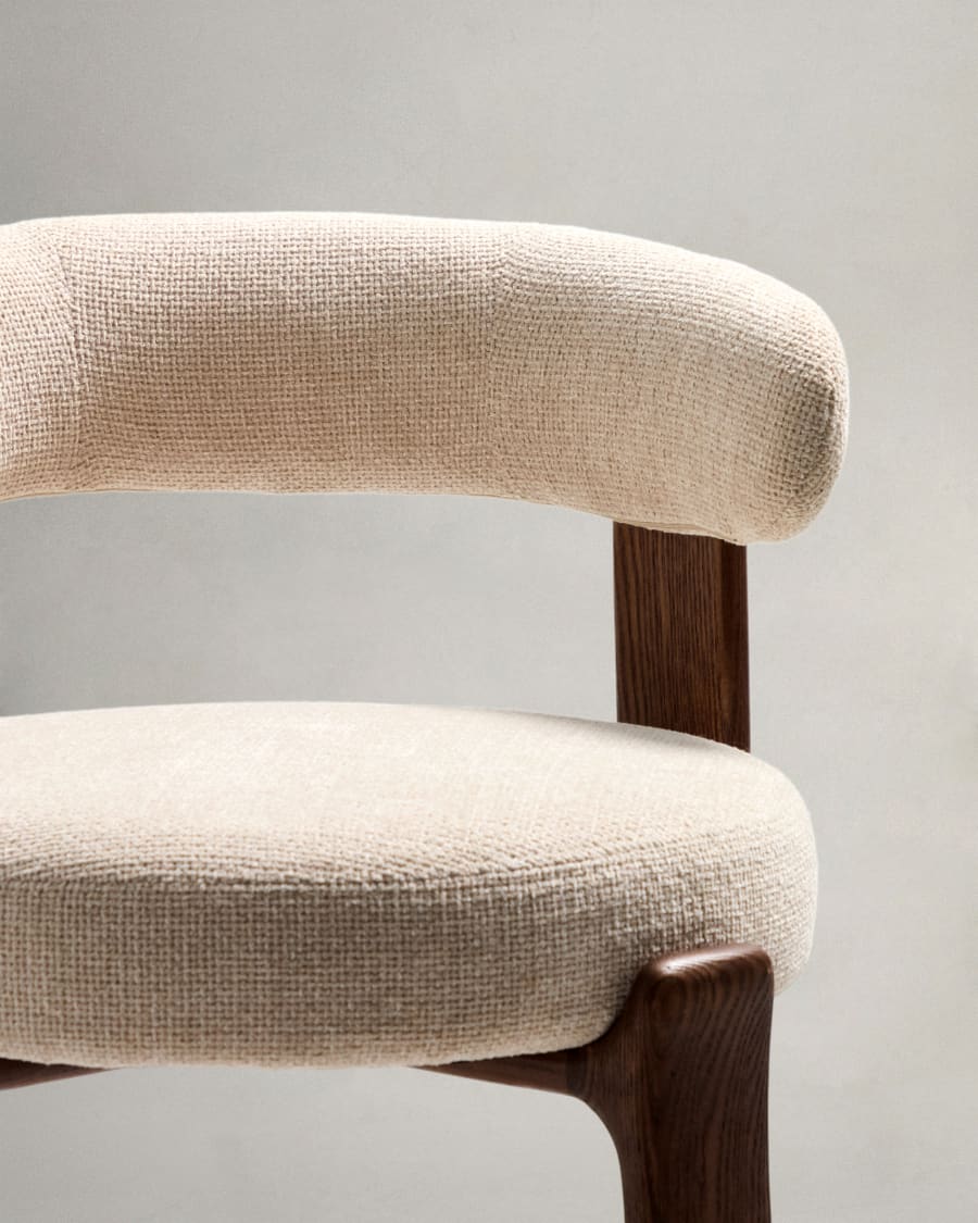 Granite stool in beige chenille and solid ash wood with walnut-coloured finish FSC 100% 75cm