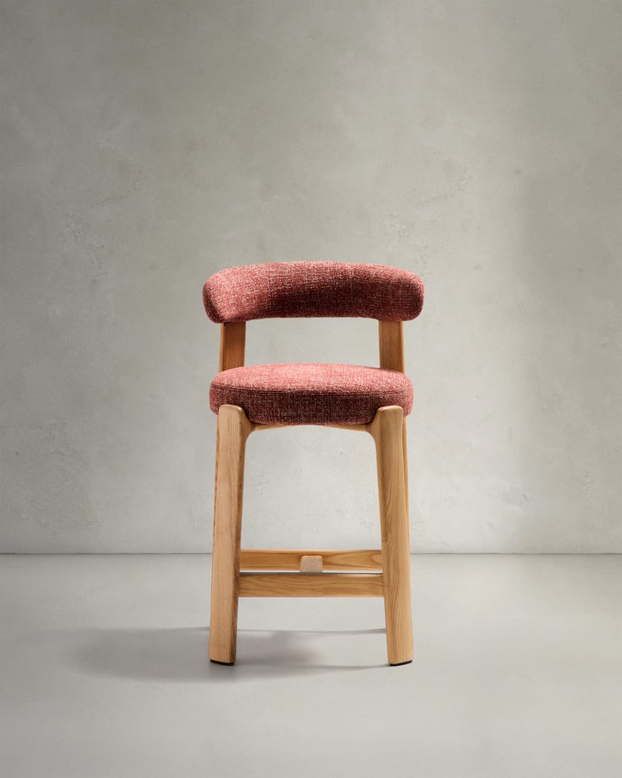 Granite stool in terracotta chenille and solid ash wood with natural tone finish FSC 100% 65cm