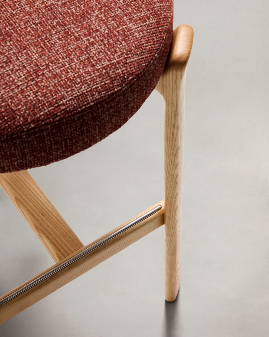 Granite stool in terracotta chenille and solid ash wood with natural tone finish FSC 100% 75cm