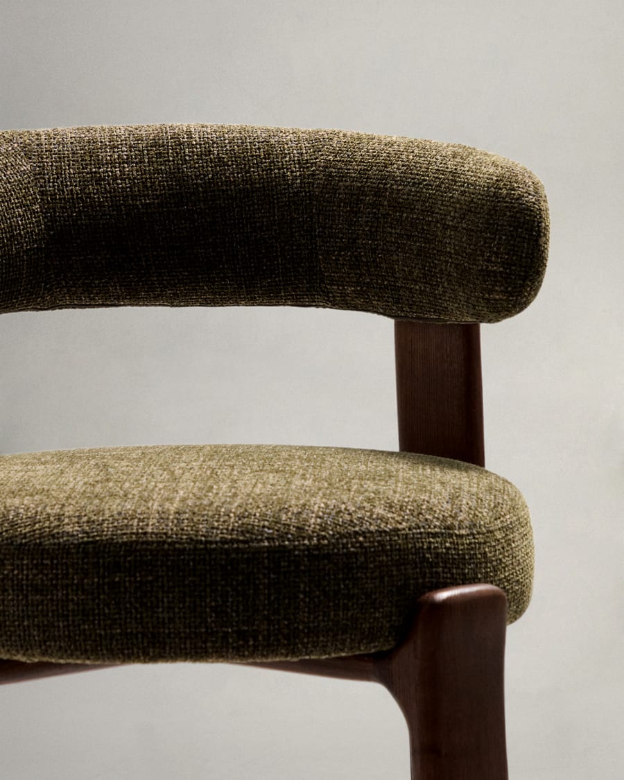 Granite stool in green chenille and solid ash wood with walnut-coloured finish FSC 100% 75cm