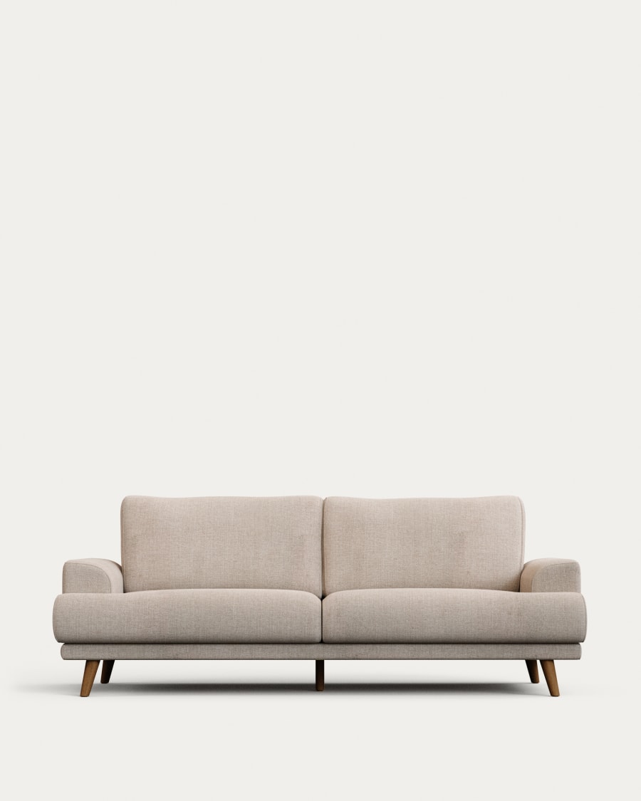 Karin 3-seater sofa beige with solid beech wood legs with walnut-effect finish, 231 cm