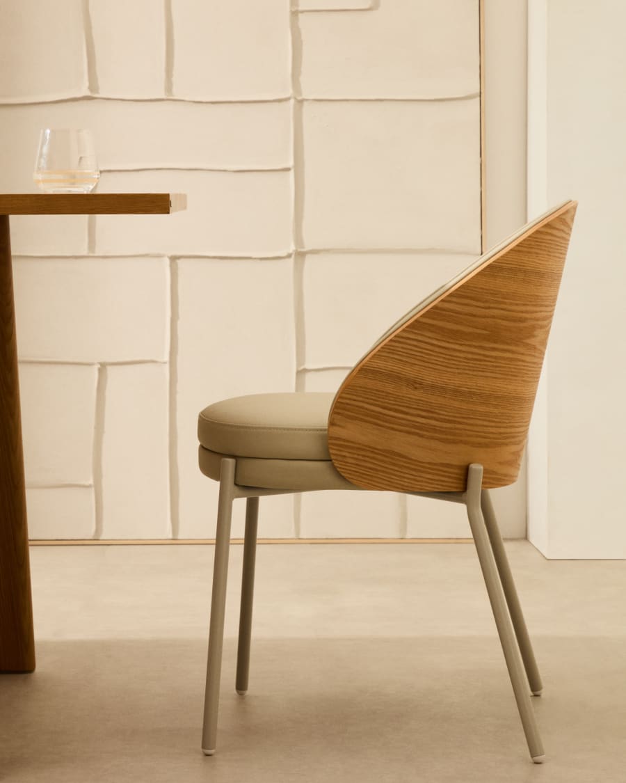 Eamy beige faux leather chair, ash veneer with natural finish and beige metal