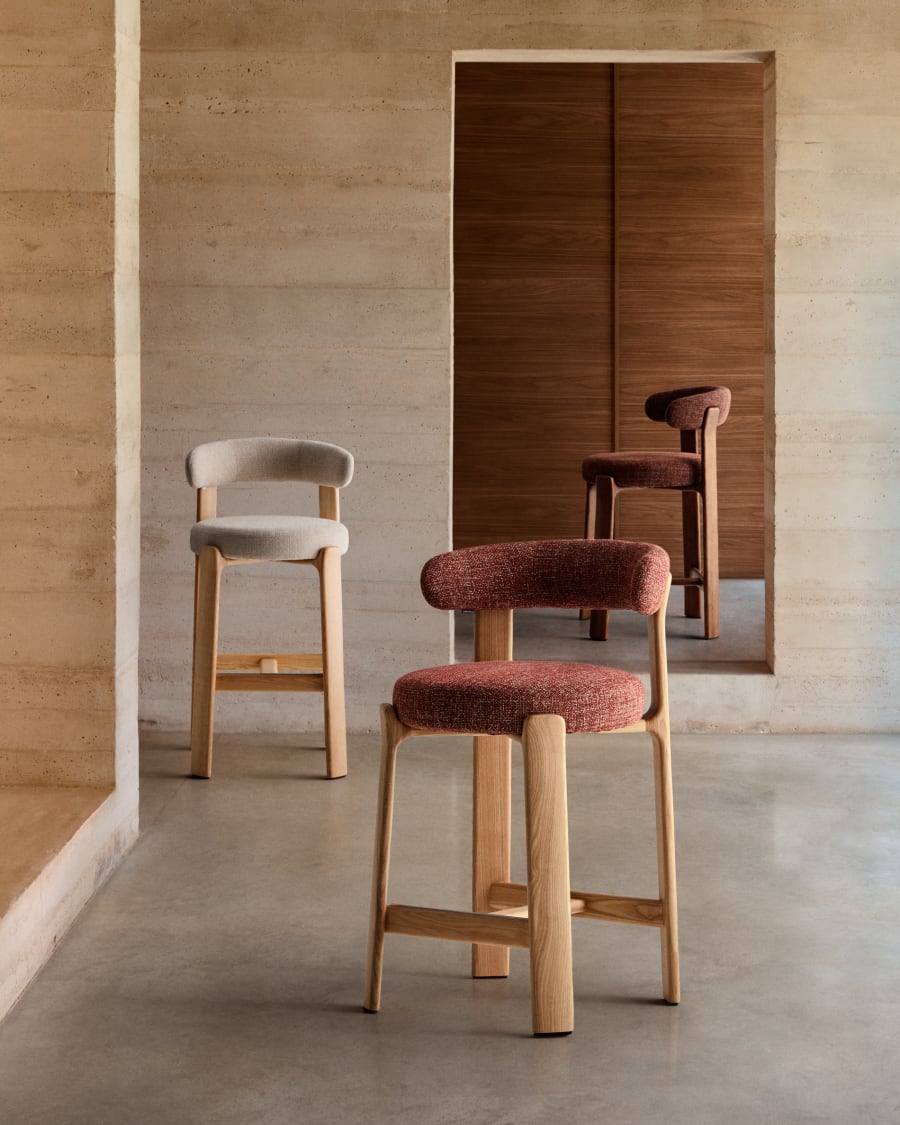 Granite stool in brown chenille and solid ash wood with walnut-coloured finish FSC 100% 65cm
