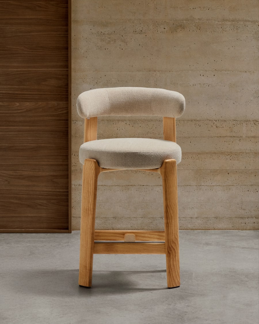 Granite stool in beige chenille and solid ash wood with natural tone finish FSC 100% 65cm