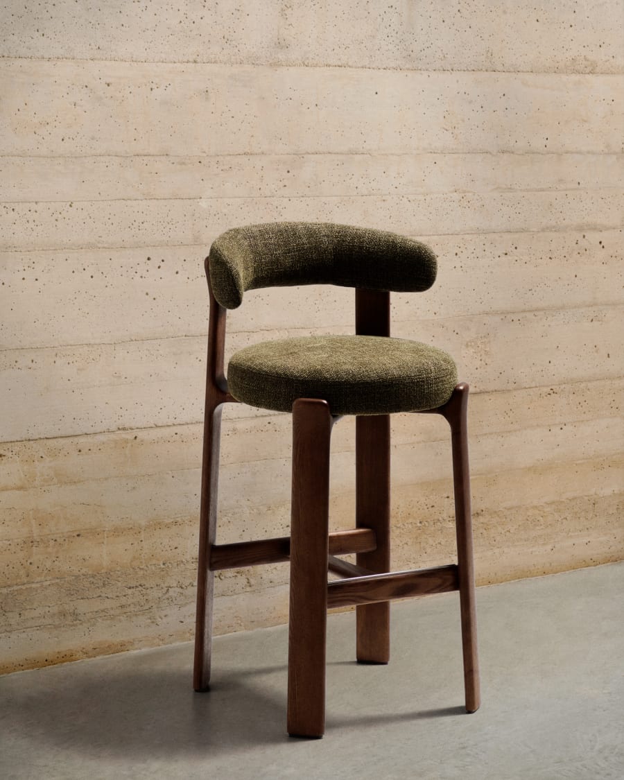 Granite stool in green chenille and solid ash wood with walnut-coloured finish FSC 100% 65cm