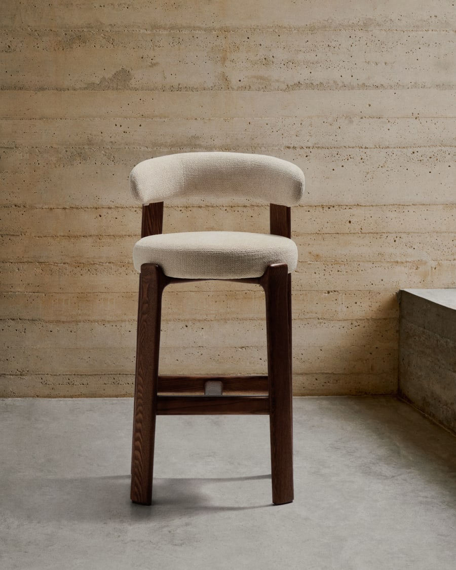 Granite stool in beige chenille and solid ash wood with walnut-coloured finish FSC 100% 75cm
