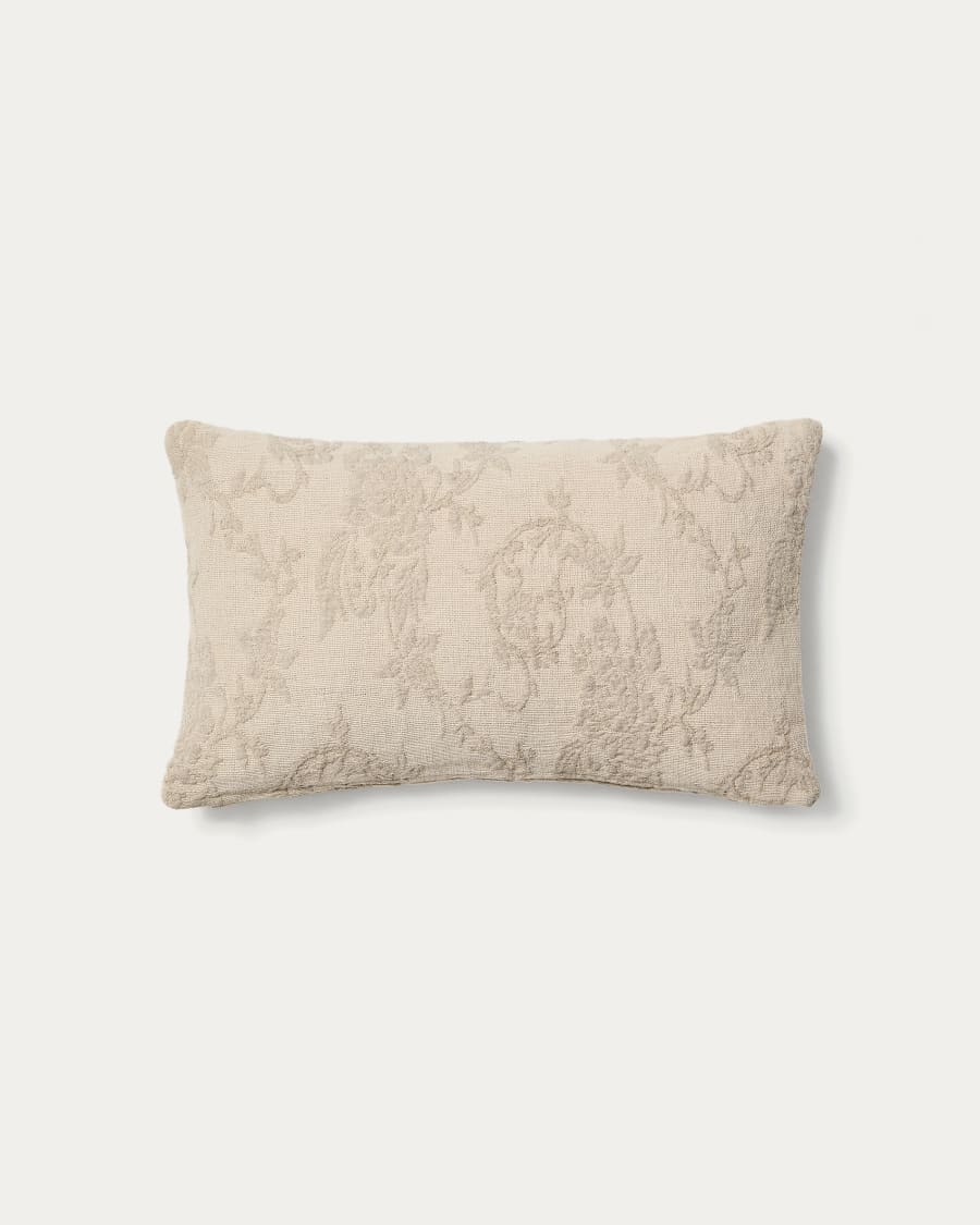 Kissenhülle Velina aus gewaschenem Leinenjacquard mit Blumenmotiv in Beige 30 x 50 cm
