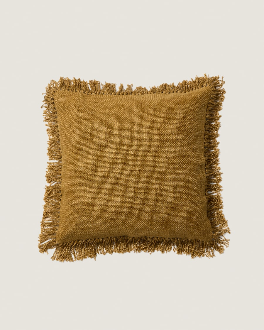 Housse de coussin Isel en chenille moutarde avec franges 50 x 50 cm