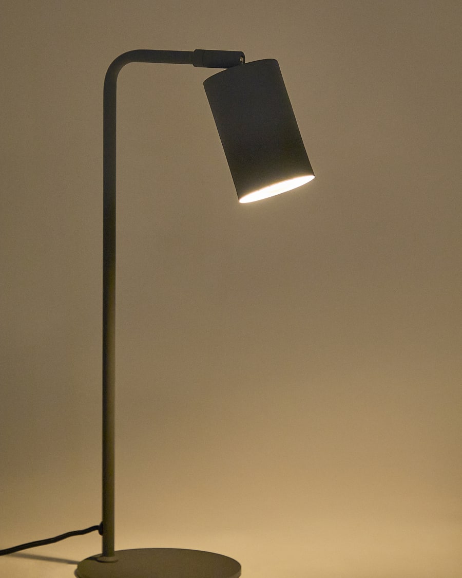 Manie metal desk lamp with dark grey cast-iron-effect finish and UK adaptor