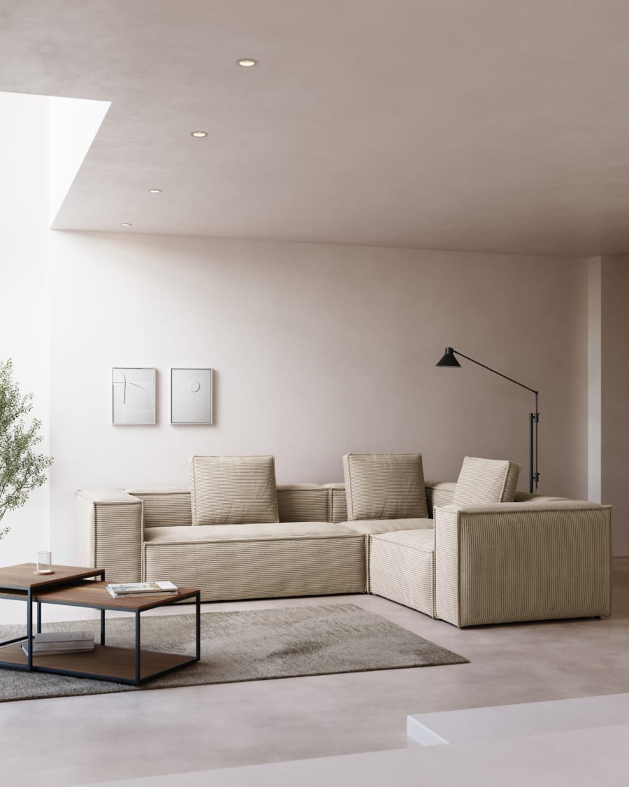 Blok fire-retardant 3-seater corner sofa in thick ecru corduroy 290x230cm/230x290cm FSC Mix Credit