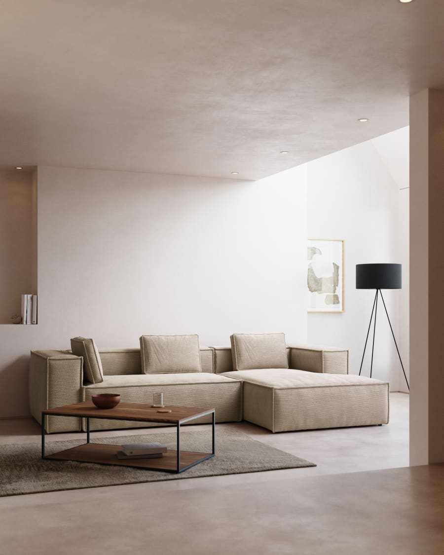 Blok fire-retardant 3-seater sofa with right chaise longue in thick ecru corduroy 300cm FSC Mix Credit
