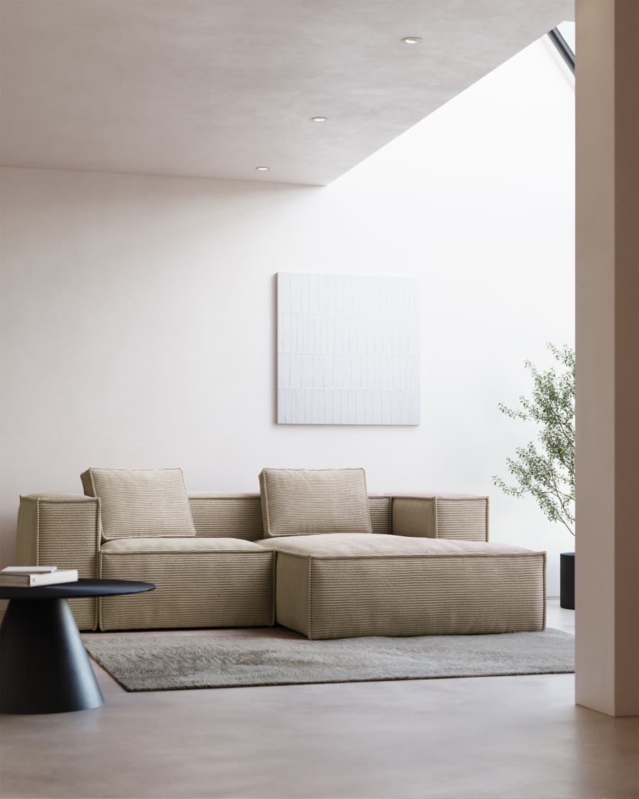 Blok fire-retardant 2-seater sofa with right chaise longue in thick ecru corduroy 240cm FSC Mix Credit