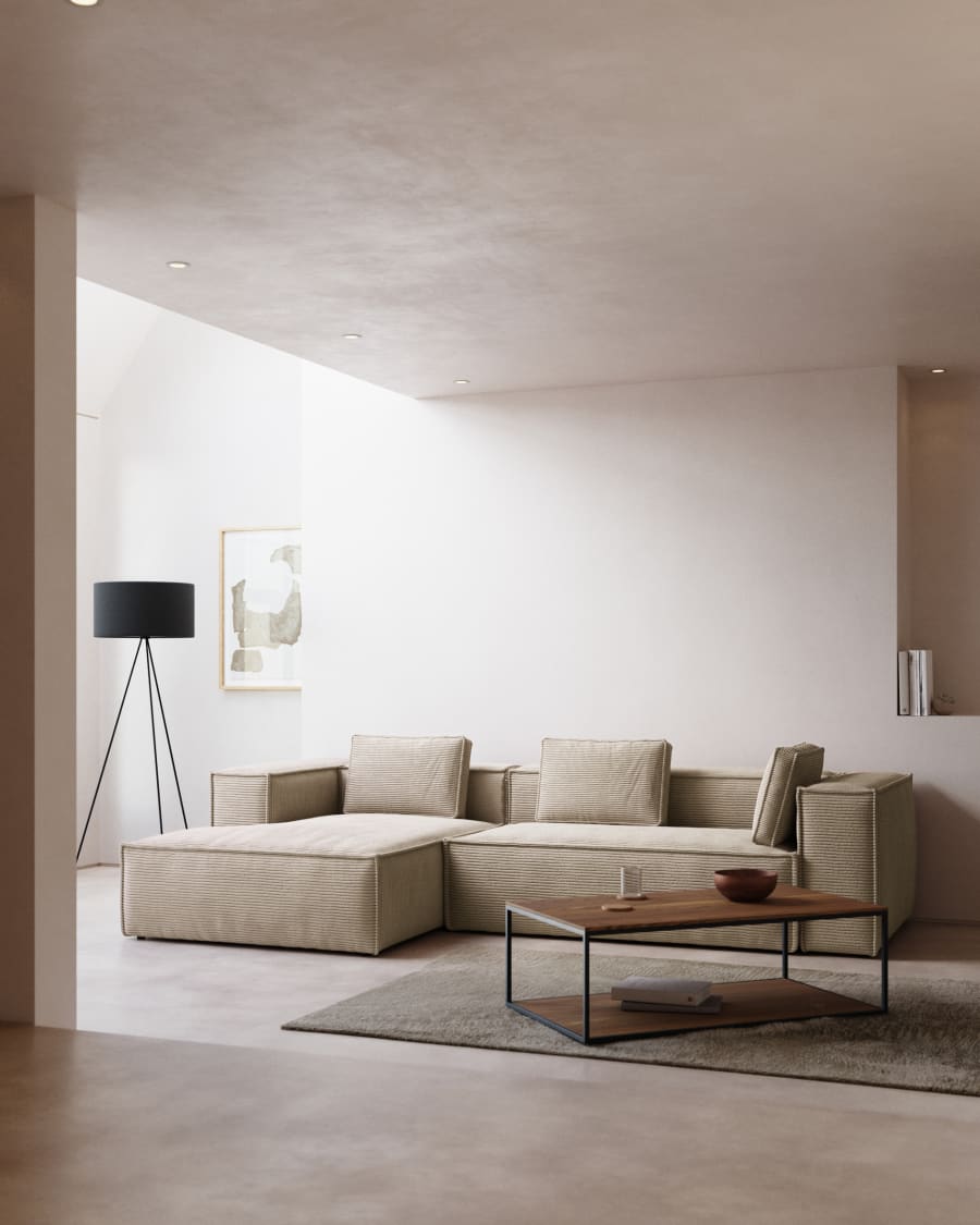 Blok fire-retardant 4-seater sofa with left chaise longue in thick ecru corduroy 330cm FSC Mix Credit