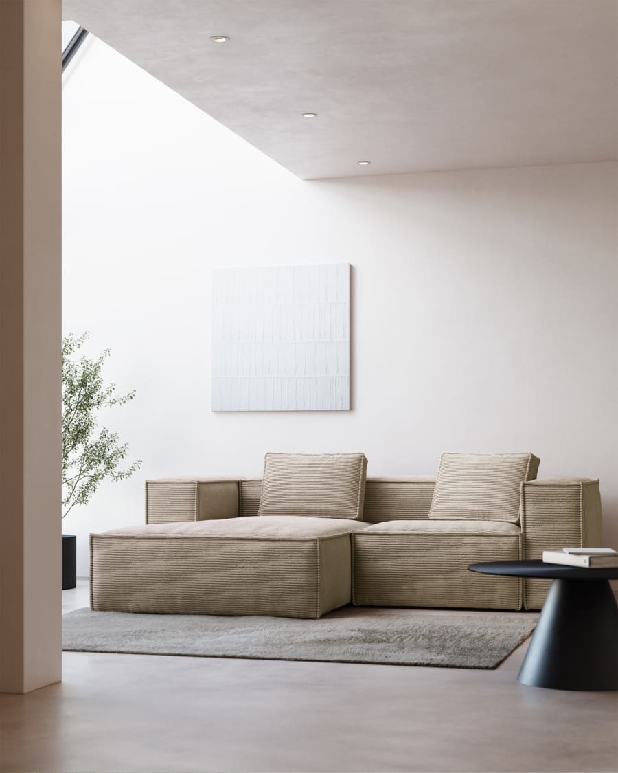 Blok fire-retardant 2-seater sofa with left chaise longue in thick ecru corduroy 240cm FSC Mix Credit