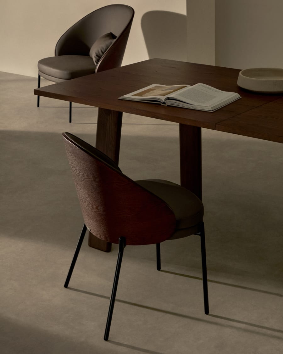 Eamy chair in brown faux leather, ash veneer with walnut and black metal finish