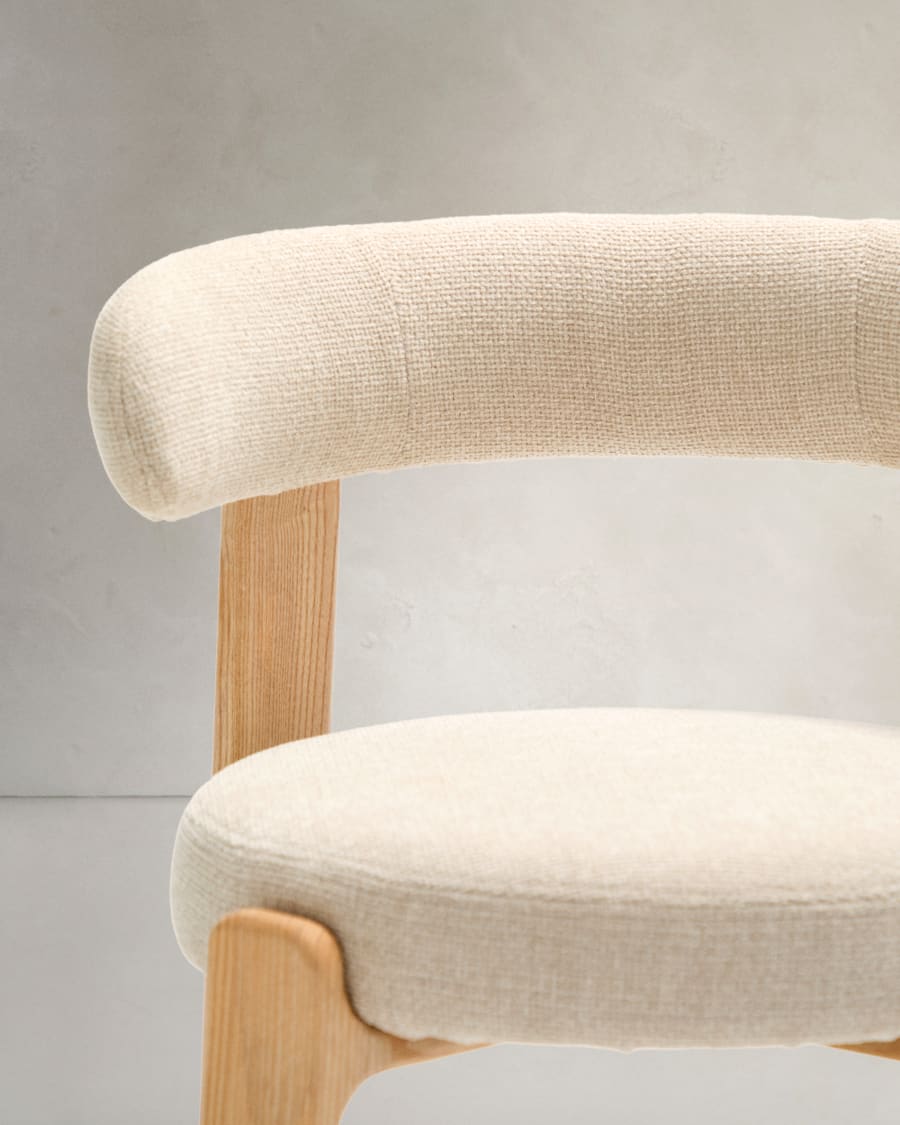 Granite fire-retardant chair in beige chenille and solid ash wood with natural-coloured finish FSC 100%
