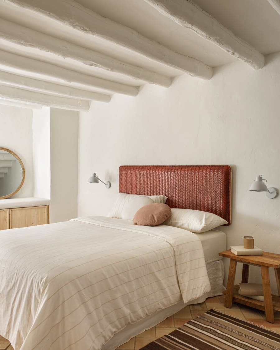 Natesa solid teak wood and leather headboard, for 160 cm beds