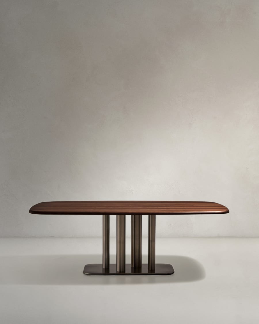Melvar table made from FSC 100% walnut veneer and legs with brushed stainless steel base 220 x 110cm