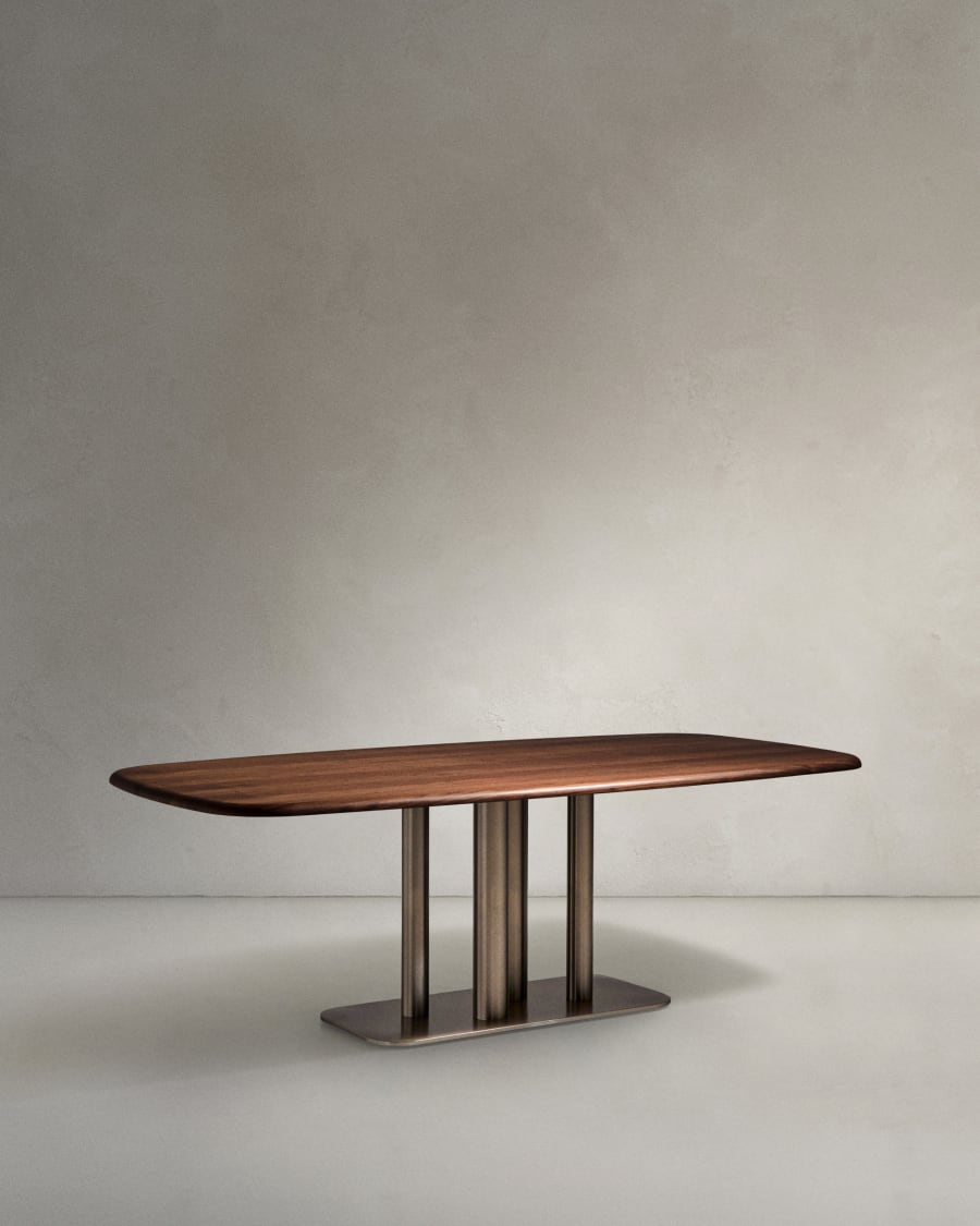 Melvar table made from FSC 100% walnut veneer and legs with brushed stainless steel base 220 x 110cm