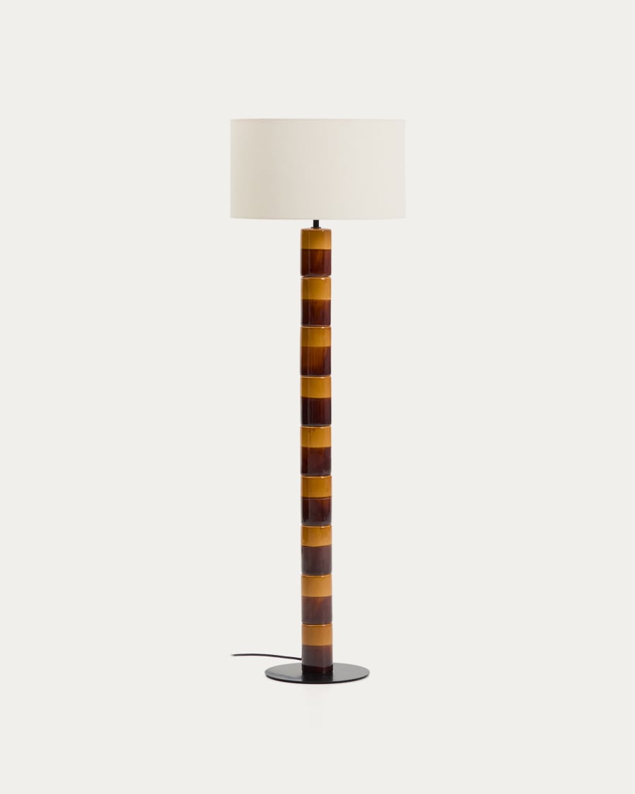 Mavran floor lamp with brown and mustard ceramic base and cotton lampshade