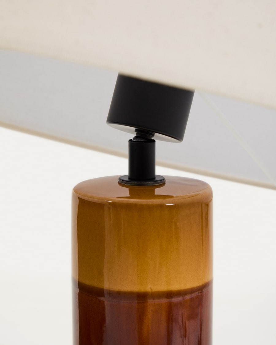 Mavran floor lamp with brown and mustard ceramic base and cotton lampshade