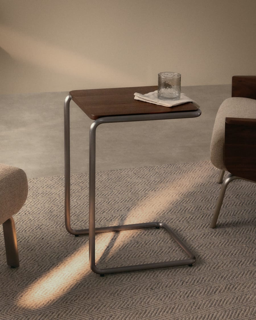 Tarsel side table in FSC 100% walnut veneer with brushed stainless steel structure 42 x 47cm