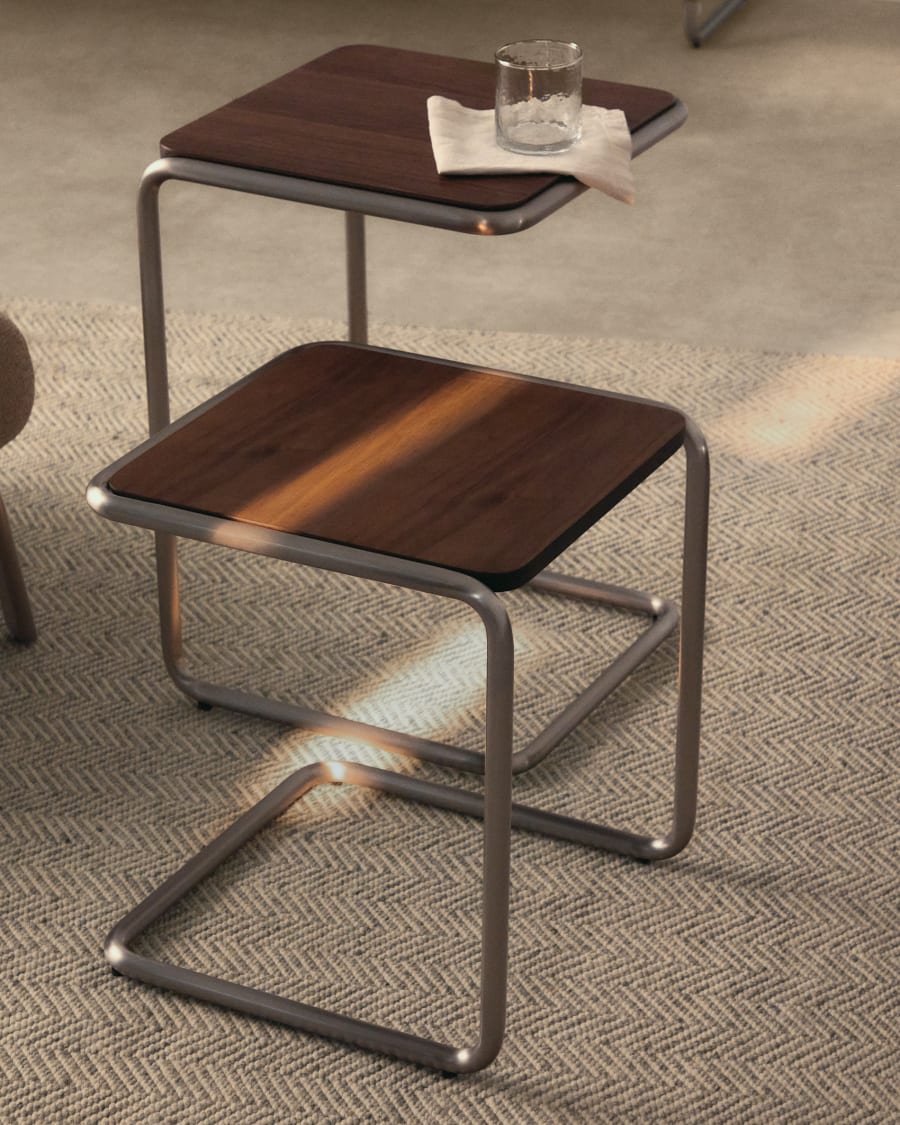 Tarsel side table in FSC 100% walnut veneer with brushed stainless steel structure 42 x 47cm