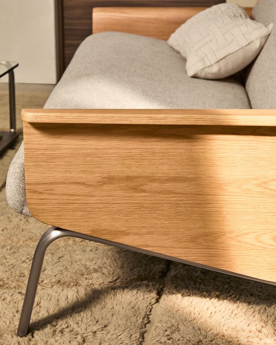 Amsen beige 2-seater sofa in oak plywood with brushed stainless steel legs 150cm FSC 100%