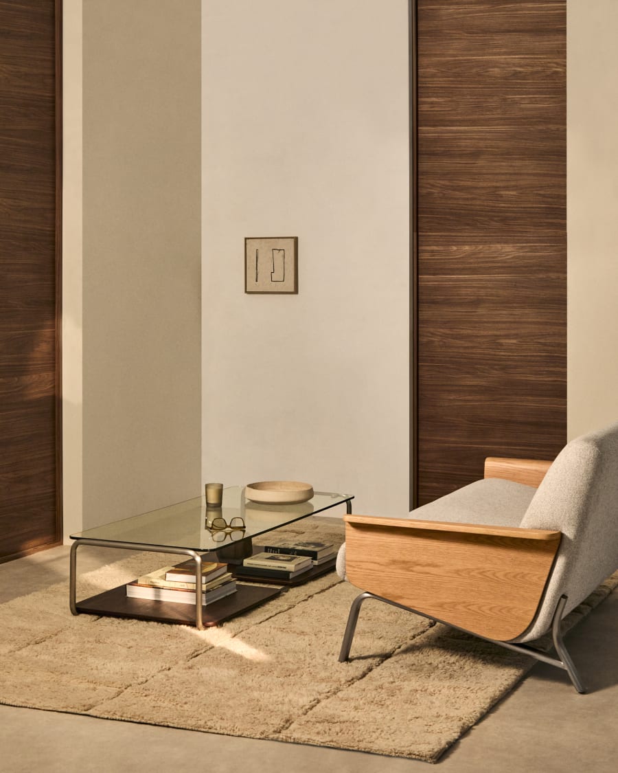 Tarsel coffee table in tempered glass with FSC 100% walnut veneer tray with brushed stainless steel structure 140 x 60cm