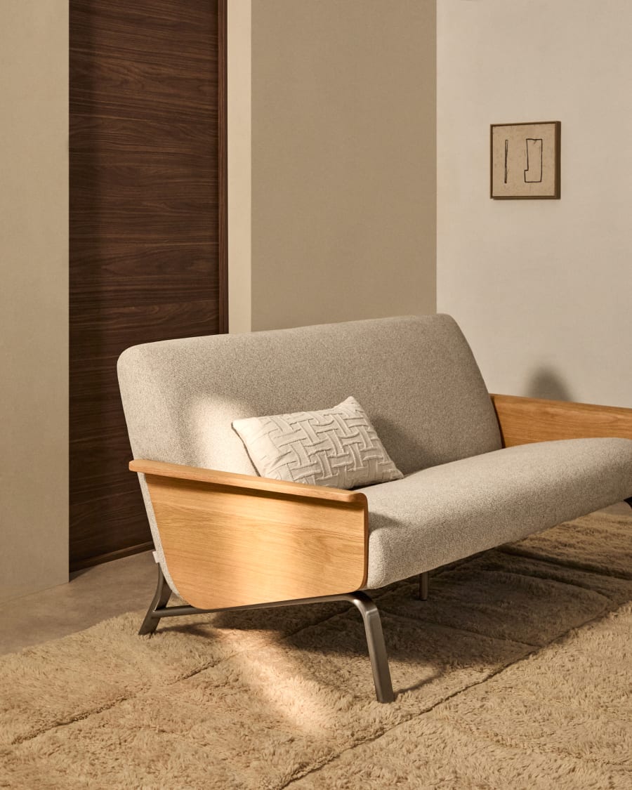 Amsen beige 2-seater sofa in oak plywood with brushed stainless steel legs 150cm FSC 100%