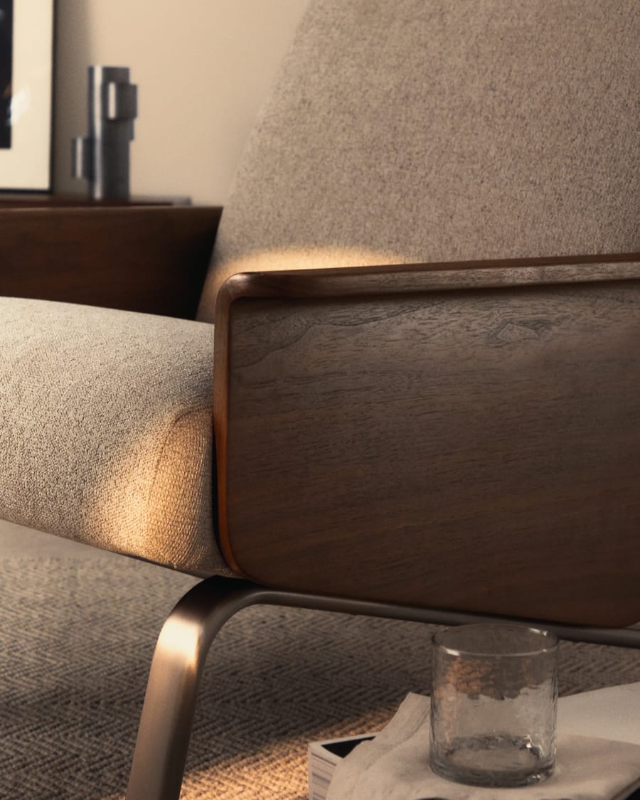 Amsen light brown armchair in walnut plywood with legs in brushed stainless steel FSC 100%
