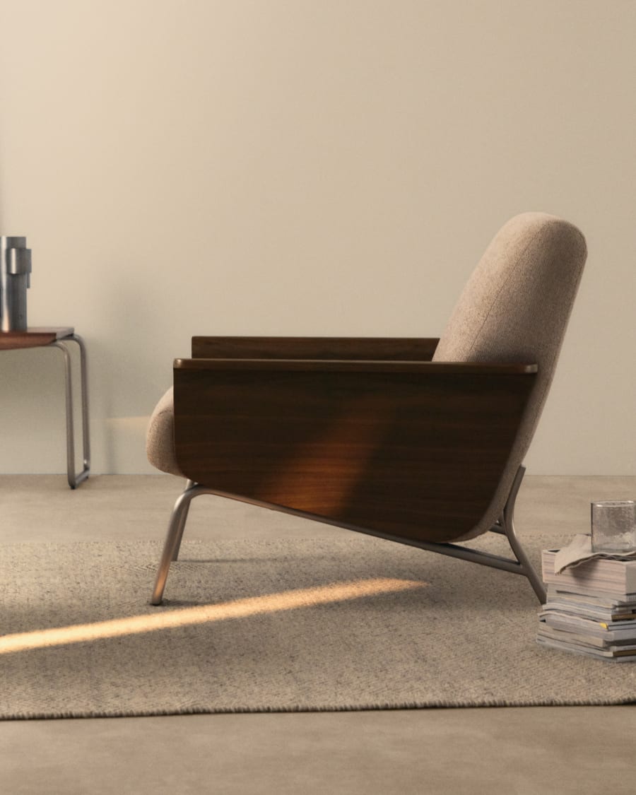 Amsen light brown armchair in walnut plywood with legs in brushed stainless steel FSC 100%