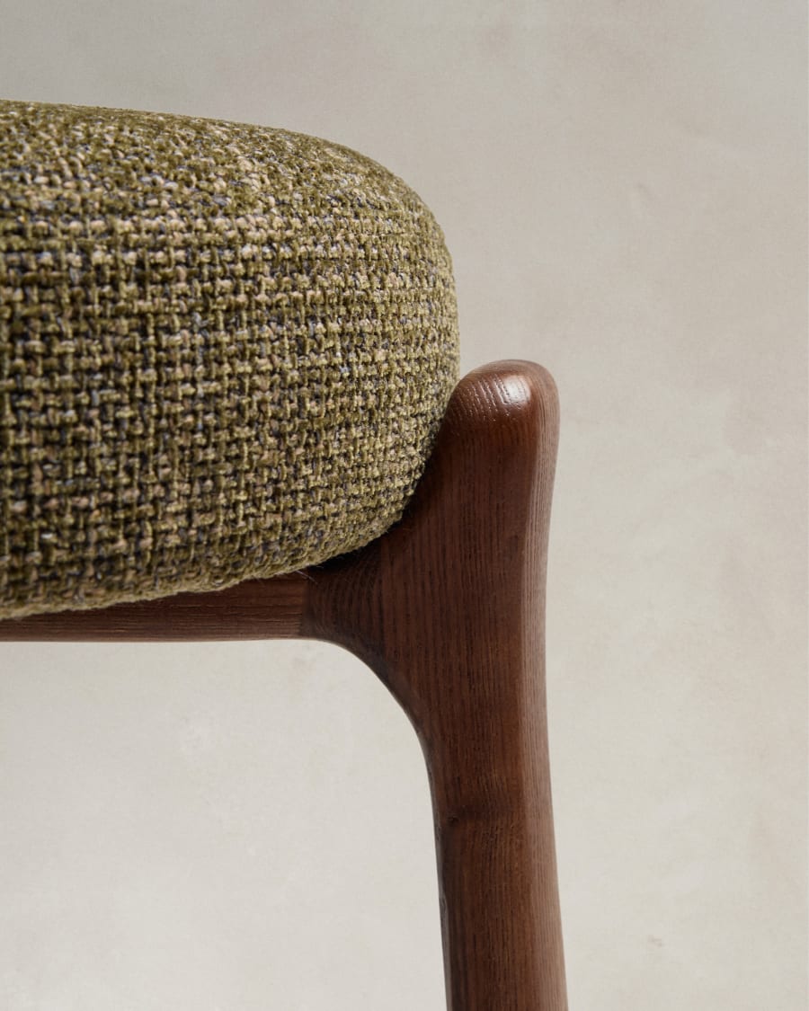 Granite stool in green chenille and solid ash wood with walnut-coloured finish FSC 100% 65cm
