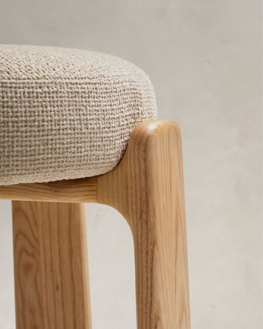 Granite stool in beige chenille and solid ash wood with natural tone finish FSC 100% 65cm