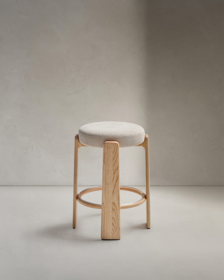 Granite stool in beige chenille and solid ash wood with natural tone finish FSC 100% 65cm