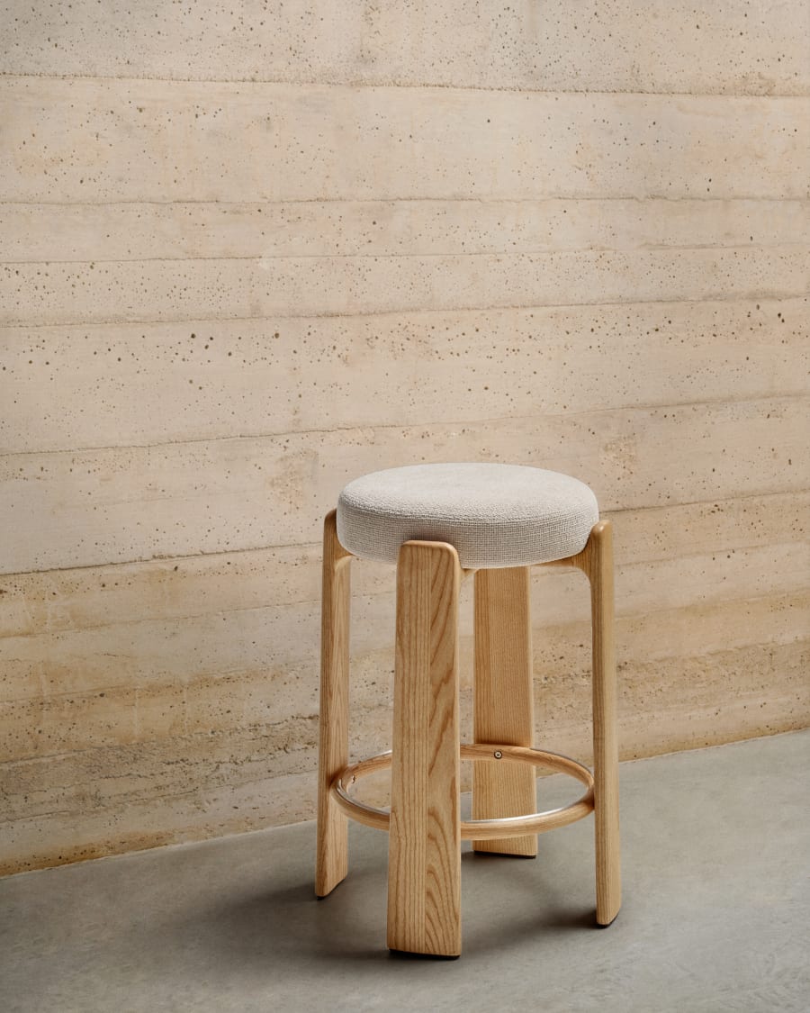 Granite stool made of beige chenille and solid ash wood with natural tone finish FSC 100% 75cm