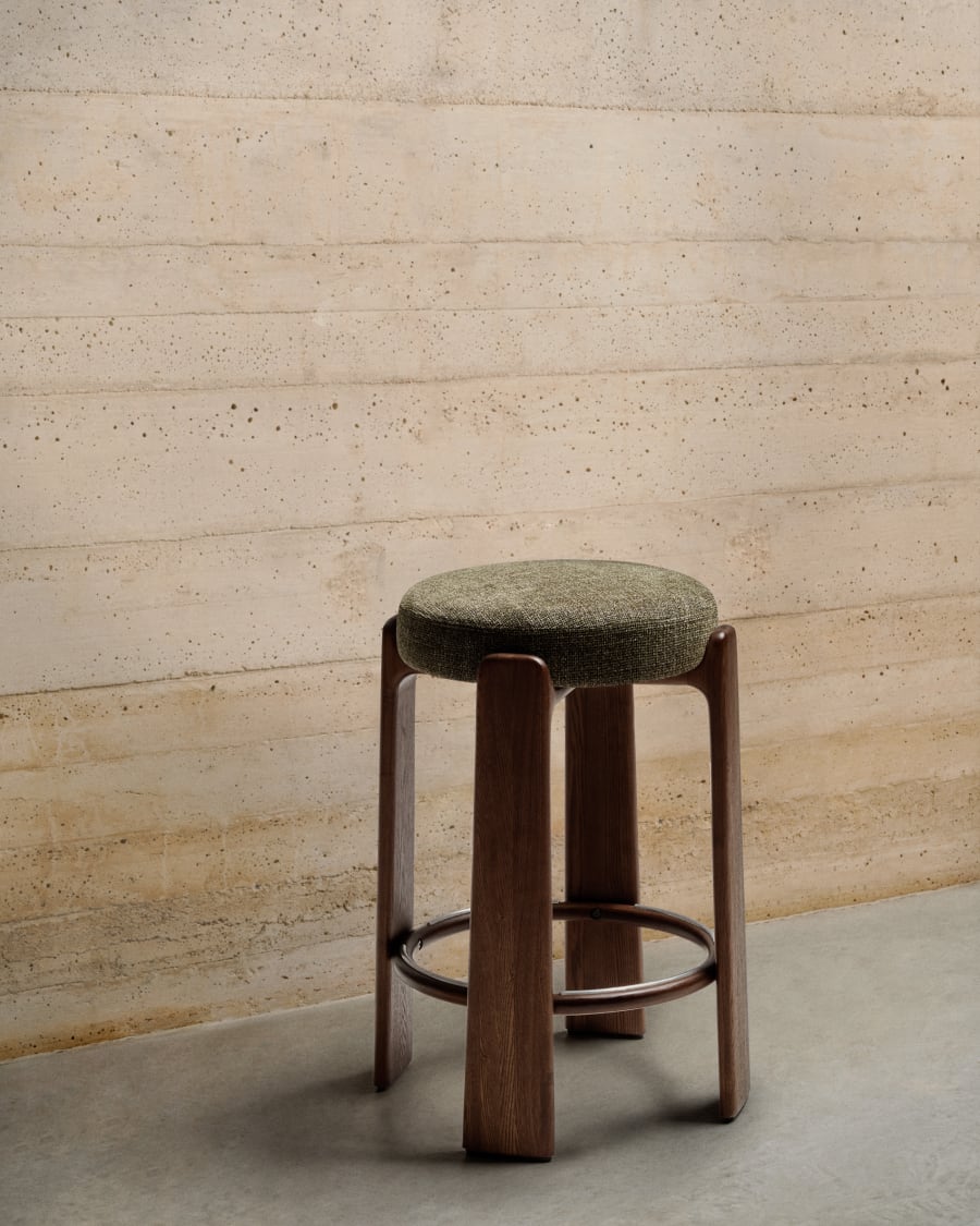Granite stool in green chenille and solid ash wood with walnut-coloured finish FSC 100% 75cm