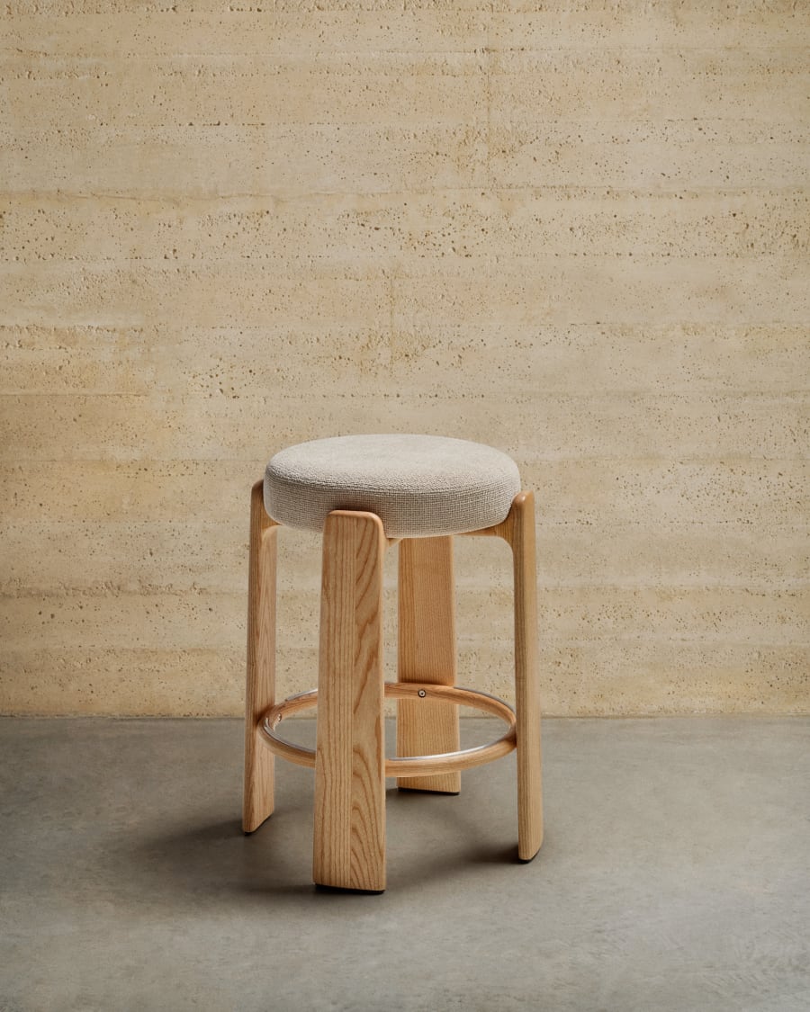 Granite stool in beige chenille and solid ash wood with natural tone finish FSC 100% 65cm