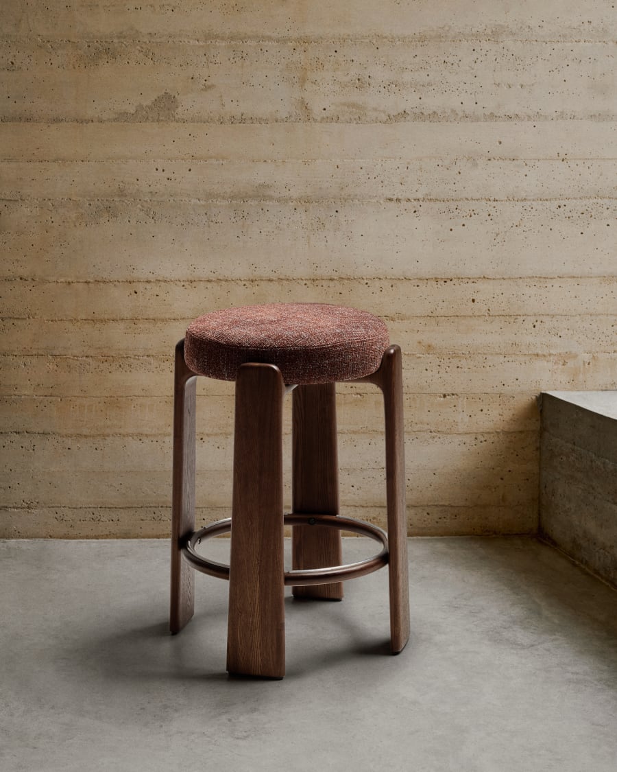 Granite stool in brown chenille and solid ash wood with walnut-coloured finish FSC 100% 75cm
