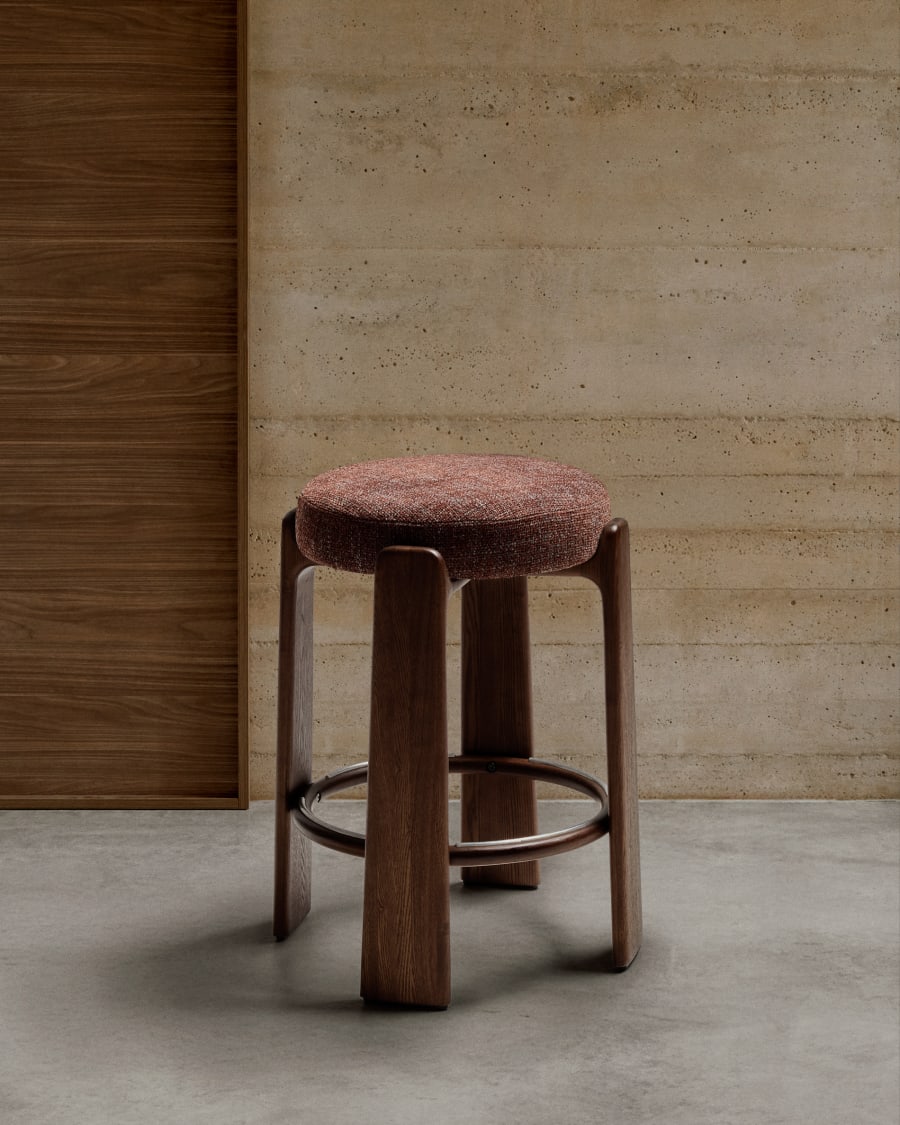 Granite stool in brown chenille and solid ash wood with walnut-coloured finish FSC 100% 65cm