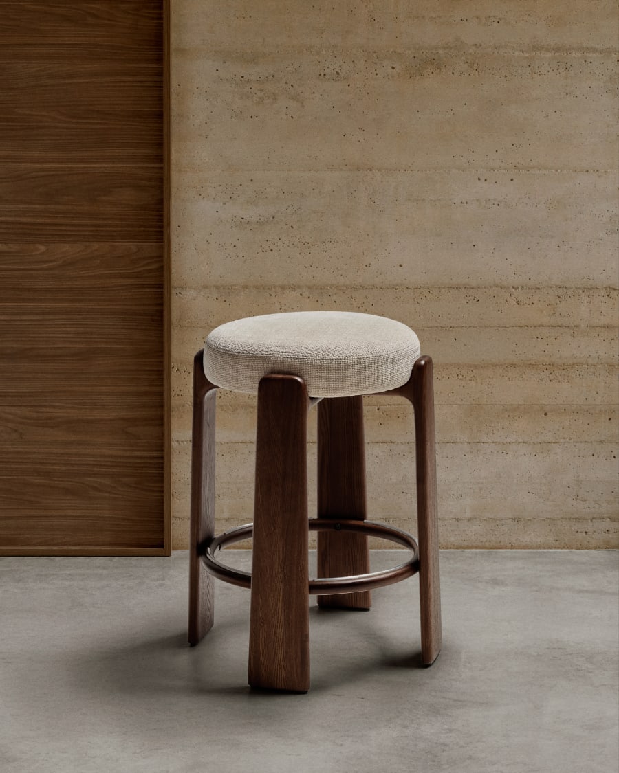 Granite stool in beige chenille and solid ash wood with walnut-coloured finish FSC 100% 65cm