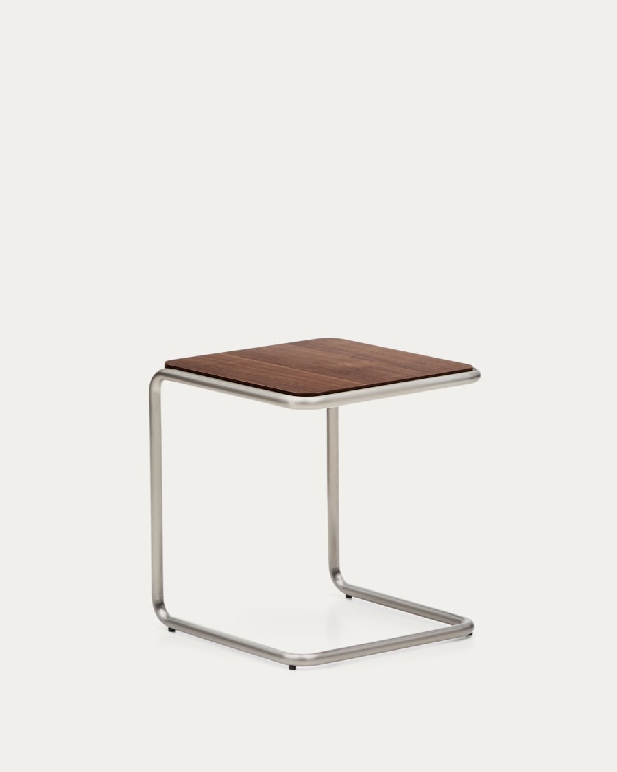 Tarsel side table in FSC 100% walnut veneer with brushed stainless steel structure 42 x 47cm
