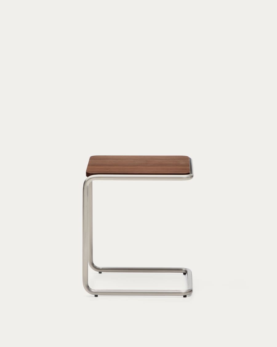 Tarsel side table in FSC 100% walnut veneer with brushed stainless steel structure 42 x 47cm