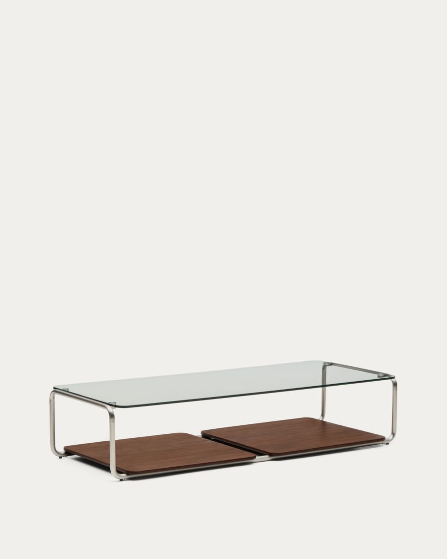 Tarsel coffee table in tempered glass with FSC 100% walnut veneer tray with brushed stainless steel structure 140 x 60cm