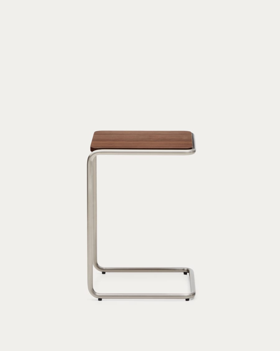 Tarsel side table in FSC 100% walnut veneer with brushed stainless steel structure 42 x 60cm