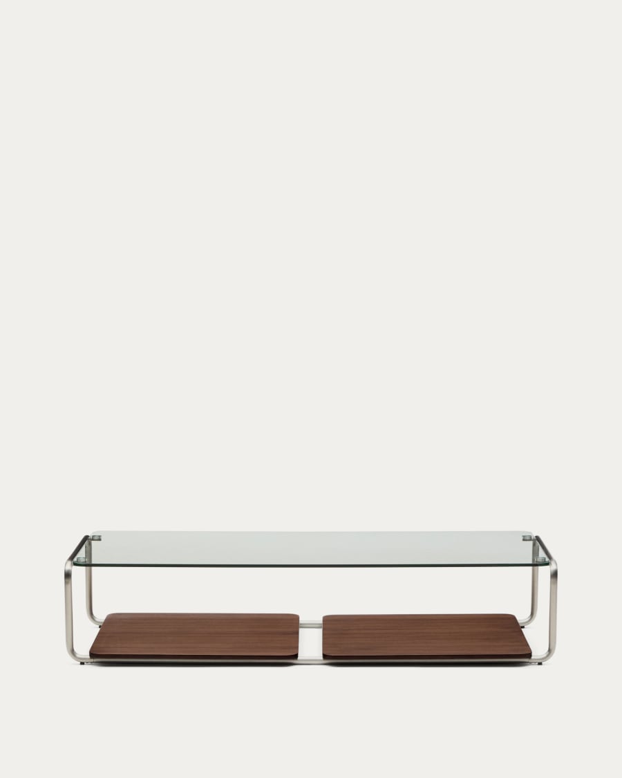 Tarsel coffee table in tempered glass with FSC 100% walnut veneer tray with brushed stainless steel structure 140 x 60cm