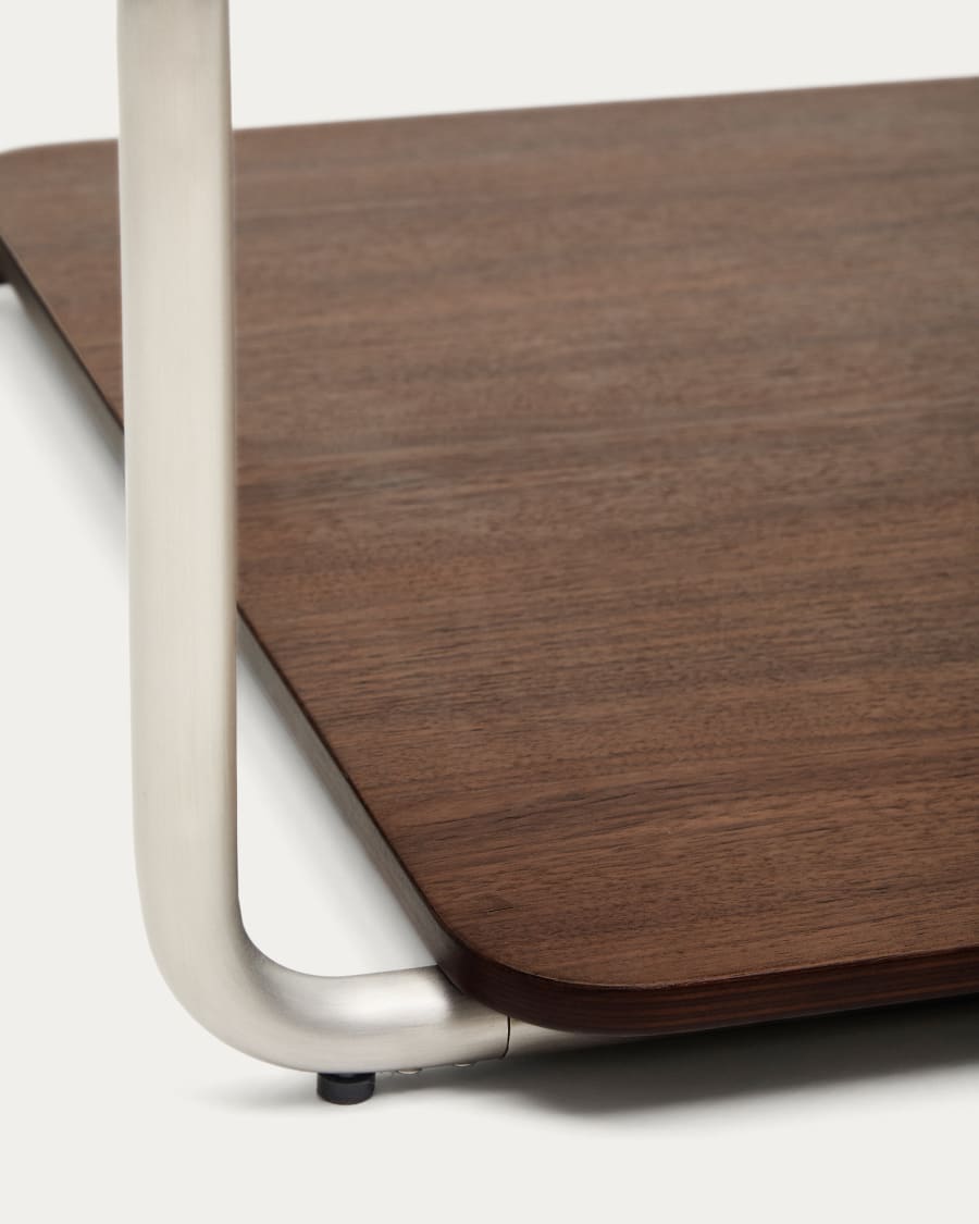 Tarsel coffee table in tempered glass with FSC 100% walnut veneer tray with brushed stainless steel structure 140 x 60cm