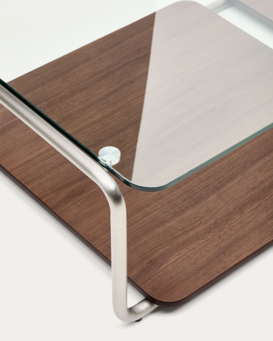 Tarsel coffee table in tempered glass with FSC 100% walnut veneer tray with brushed stainless steel structure 140 x 60cm