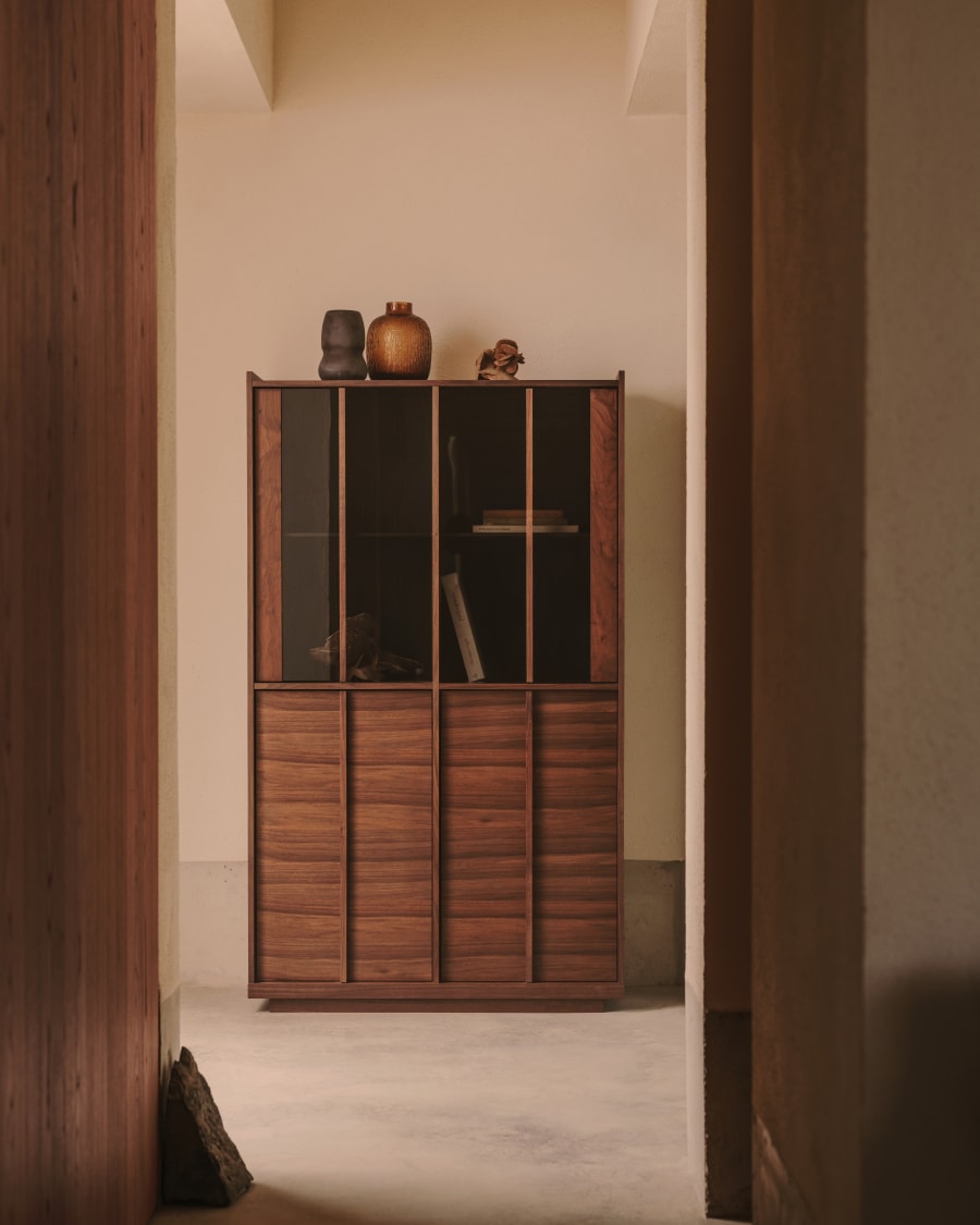 Onix display cabinet solid walnut and walnut veneer dark finish 101 x 170 cm FSC Mix Credit